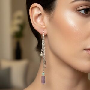 Quartz aquamarine sterling Silver 925and Purple Dangle Earrings